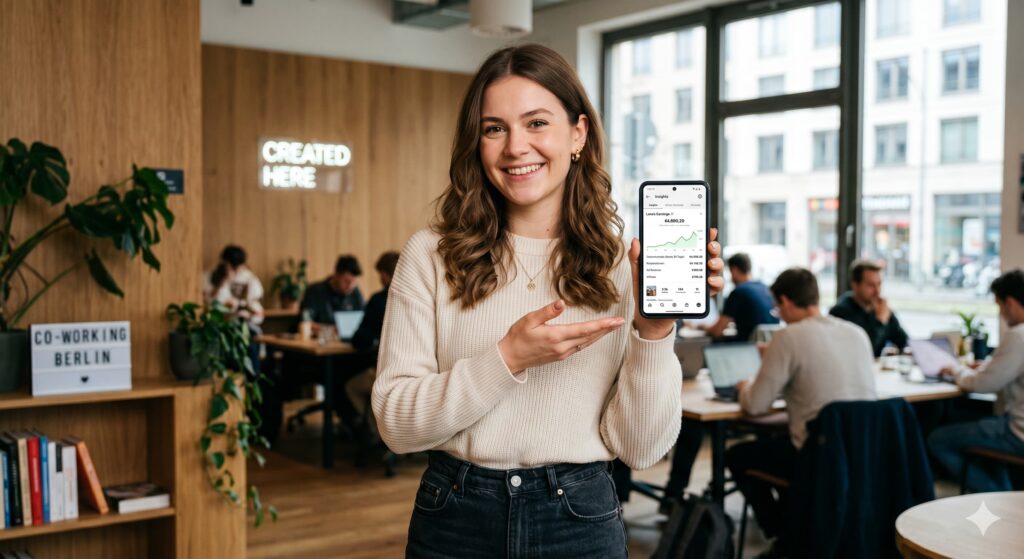 Frau die an ihrem Smartphone zeigt, wie sie Geld mit Instagram und verdient